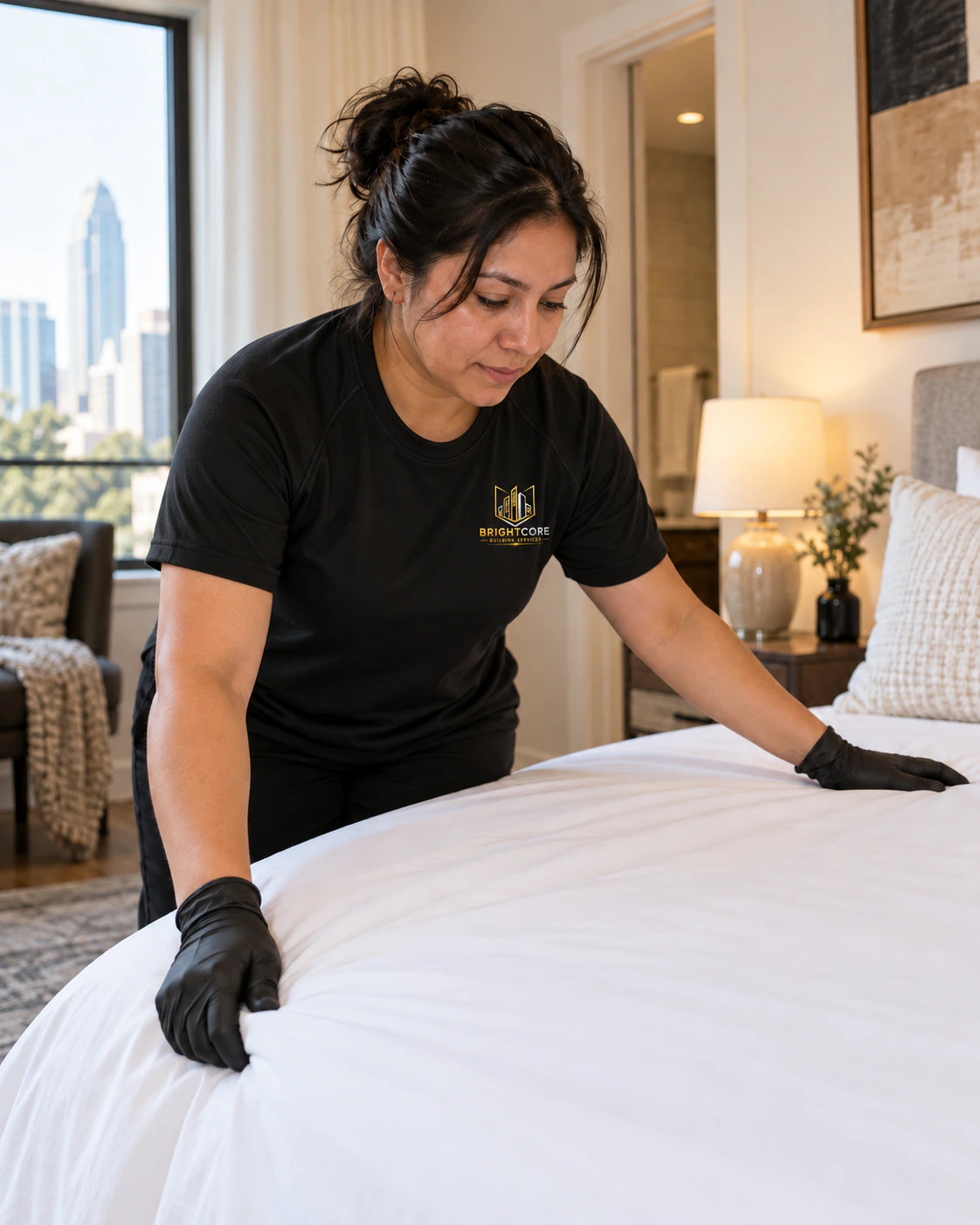 BrightCore cleaner in a black BrightCore T-shirt smoothing white bed linens in a short-term rental