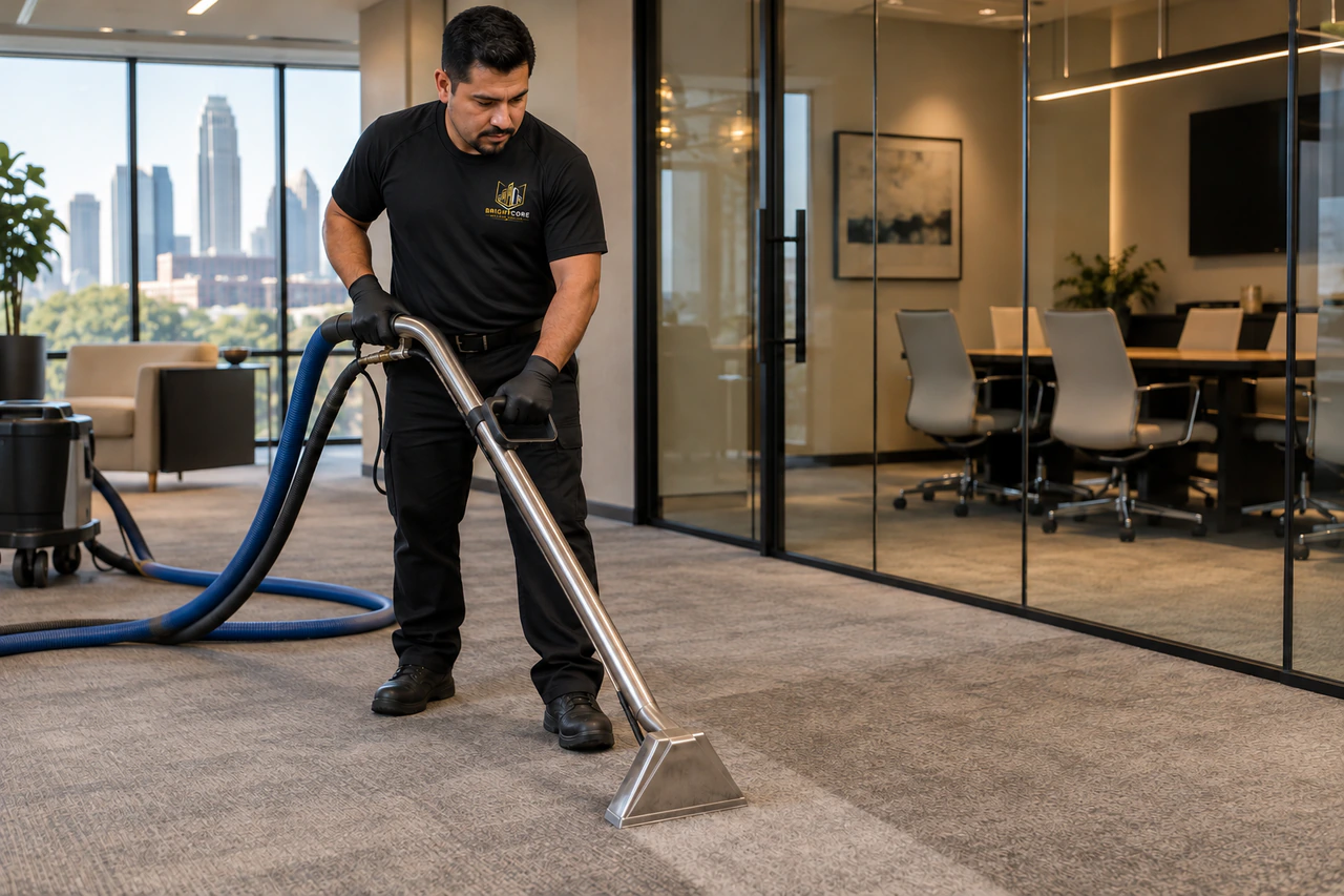 BrightCore technician in a black BrightCore T-shirt using an extraction wand on office carpet