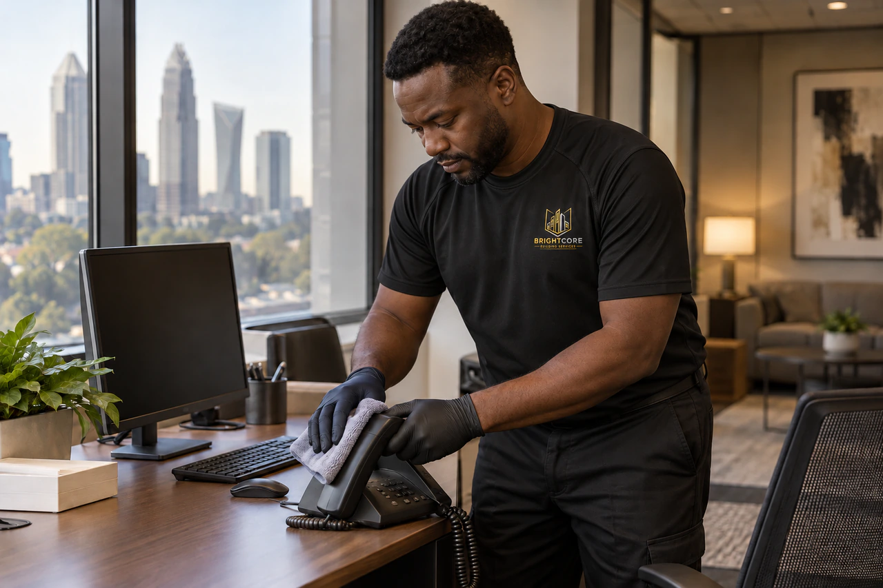 BrightCore cleaner in a black BrightCore T-shirt wiping a workstation and telephone