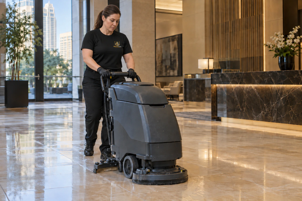 BrightCore technician in a black BrightCore T-shirt operating a walk-behind scrubber on lobby tile