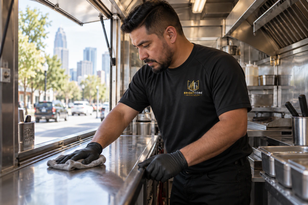 BrightCore cleaner in a black BrightCore T-shirt wiping the stainless interior of a food truck