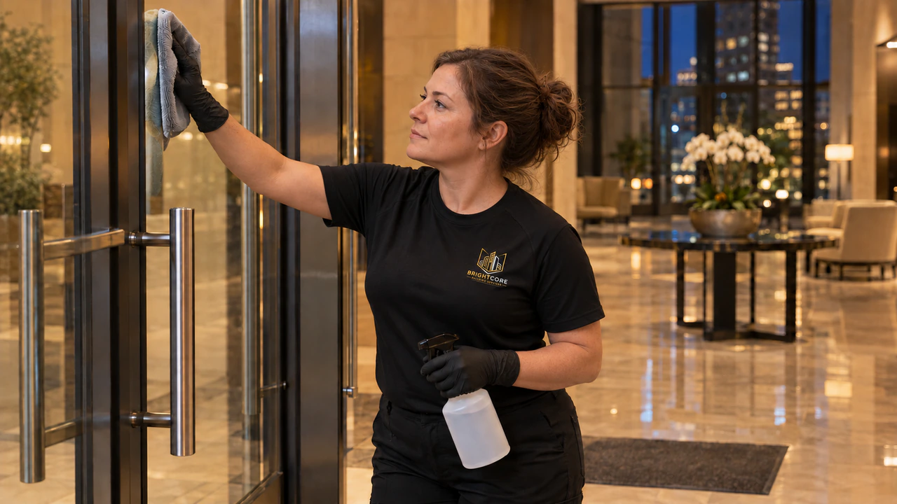BrightCore cleaner in a black BrightCore T-shirt polishing interior lobby glass doors