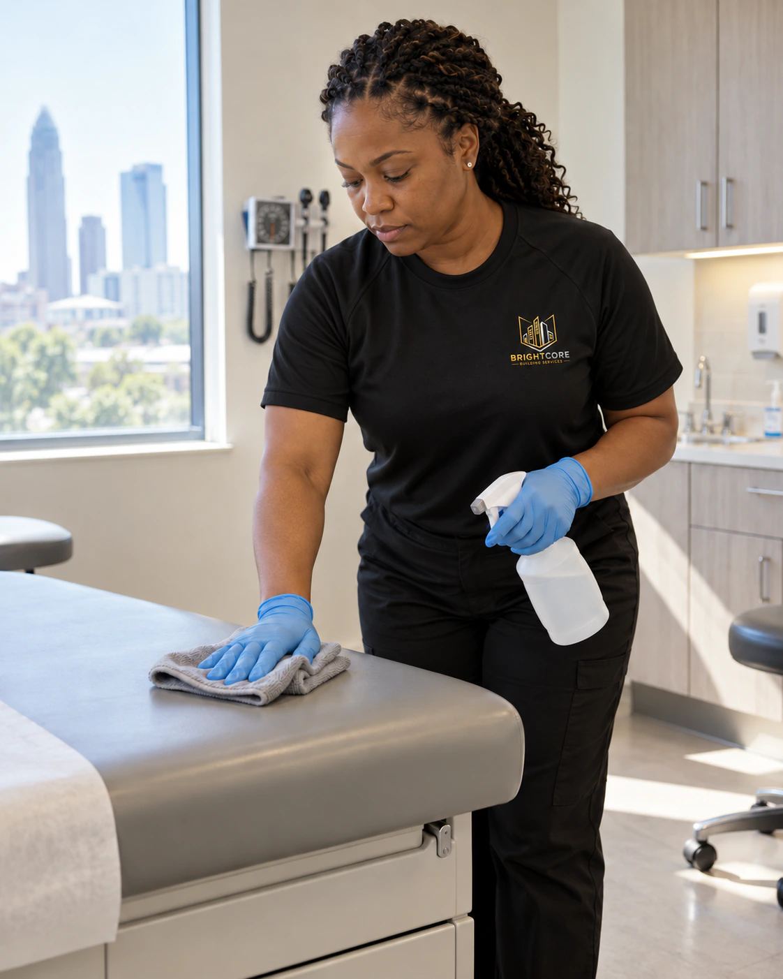 BrightCore cleaner in a black BrightCore T-shirt disinfecting a medical exam table