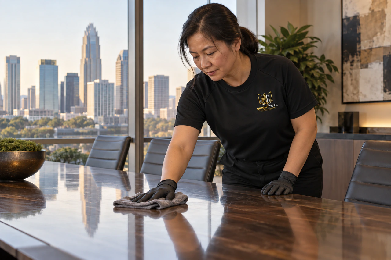 BrightCore cleaner in a black BrightCore T-shirt wiping a conference table