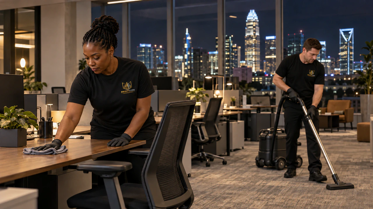 BrightCore crew in black BrightCore T-shirts wiping desks and vacuuming an office after hours