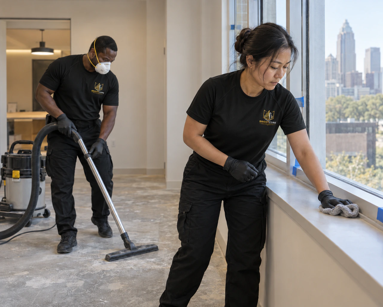BrightCore crew in black BrightCore T-shirts vacuuming construction dust and wiping a window sill