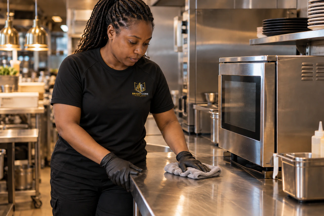 BrightCore cleaner in a black BrightCore T-shirt wiping a commercial kitchen counter beside a speed-cook oven
