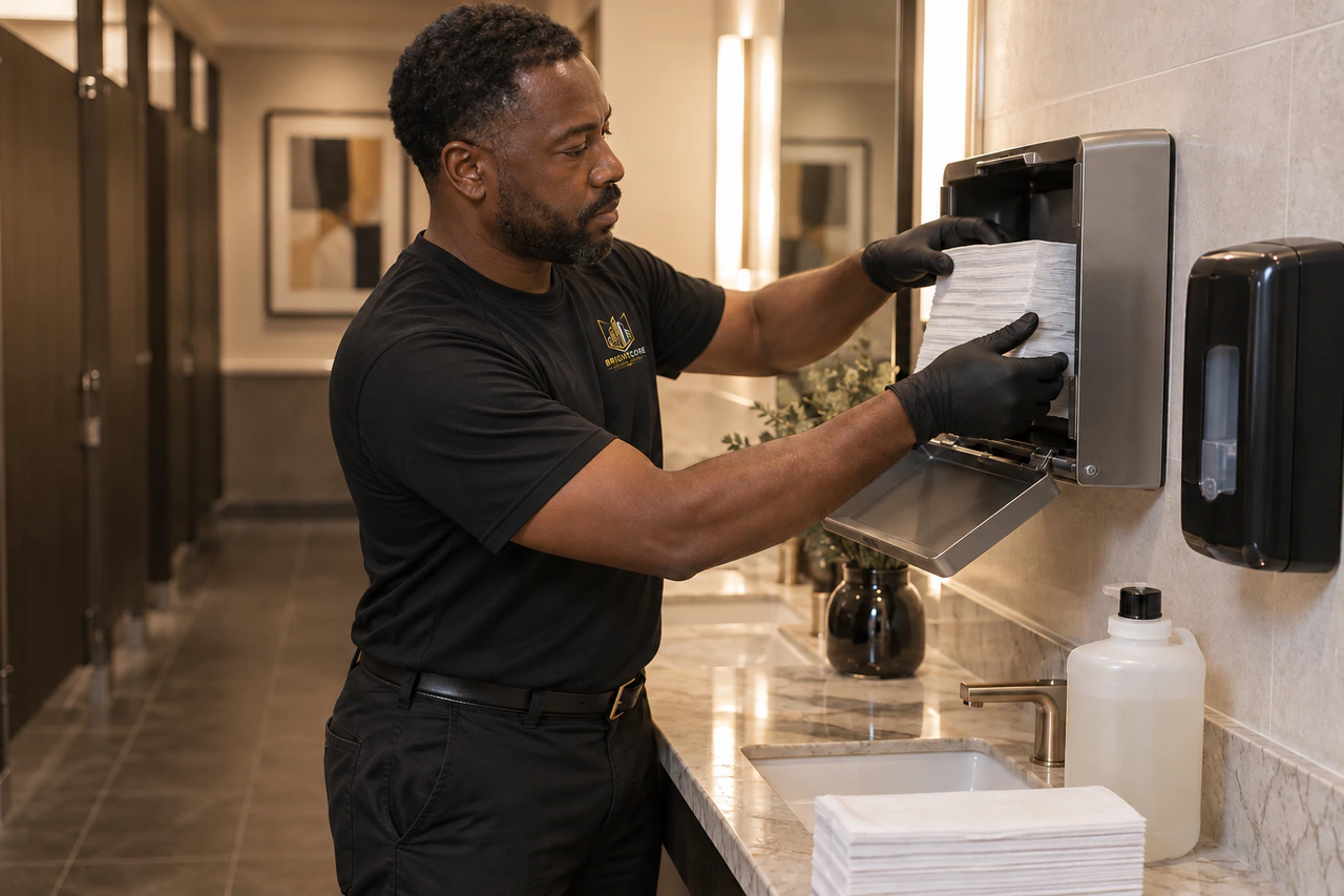 BrightCore staff in a black BrightCore T-shirt restocking paper towels in a commercial restroom
