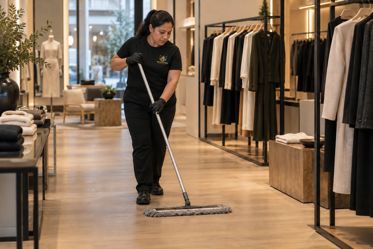 BrightCore cleaner in a black BrightCore T-shirt dust-mopping a boutique sales floor