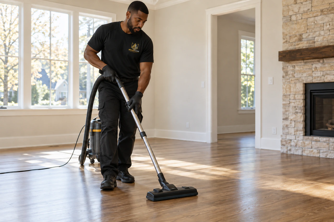 BrightCore cleaner in a black BrightCore T-shirt vacuuming an empty home's living room