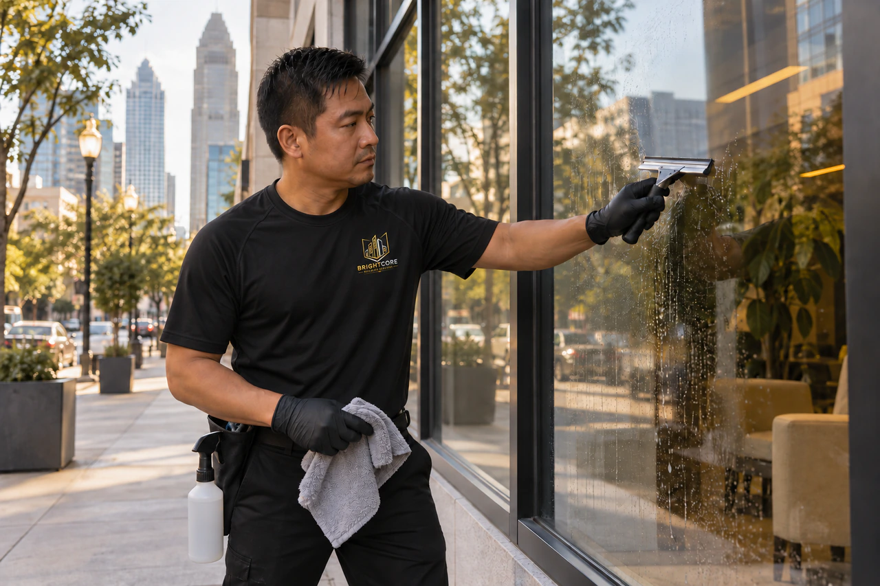 BrightCore cleaner in a black BrightCore T-shirt squeegeeing exterior storefront glass from the sidewalk